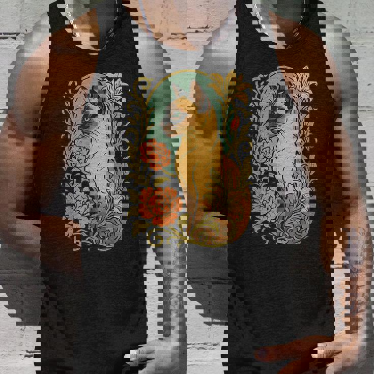 エレガントなガーデンフローラルに囲まれたヴィンテージシャム猫 タンクトップ 彼への贈り物