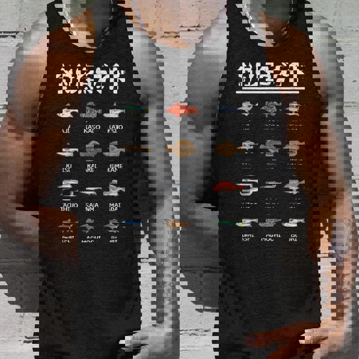 釣り魚ガイド アジ カツオ 鱚 カレイ 平目 サンマ 真鯛 鰯 マゴチ ブリ 太刀魚 釣り好き 海釣り 船釣り 釣り タンクトップ 彼への贈り物