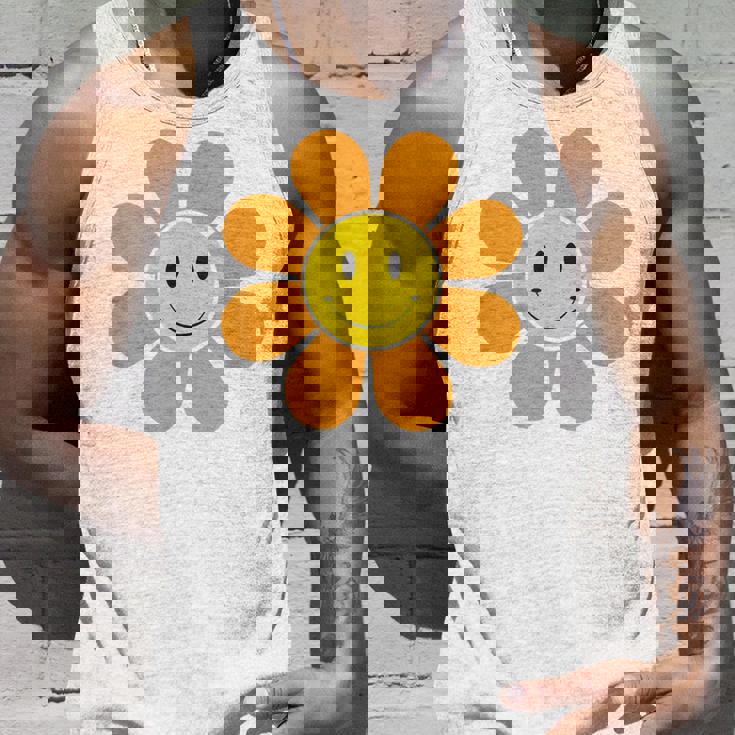 オレンジ70年代レトロファンキーフラワー、イエロースマイルフェイス タンクトップ 彼への贈り物