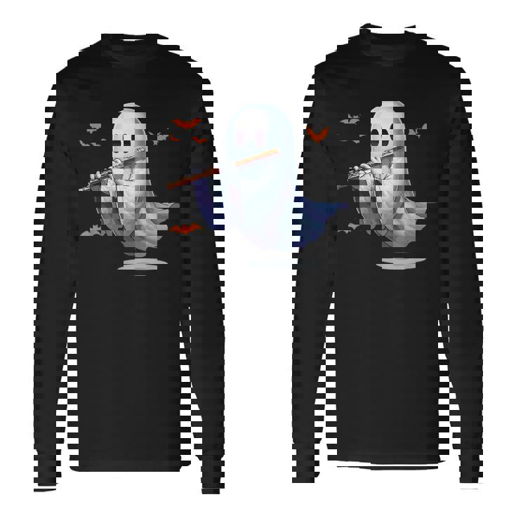 Boo Ghost Playing Flute Halloween Musical Instrument Long Sleeve T-Shirt