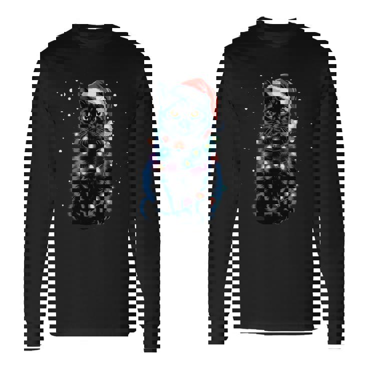 Chat Noir Guirlande Lumineuse Du Père Noël Chat Du Père Noël Manche Longue T-shirt à manches longues