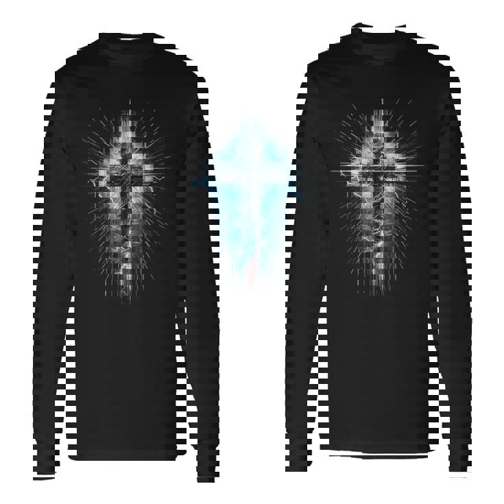 Christian Cross Punk Art Style Distressed Crown Of Thorns Long Sleeve T-Shirt