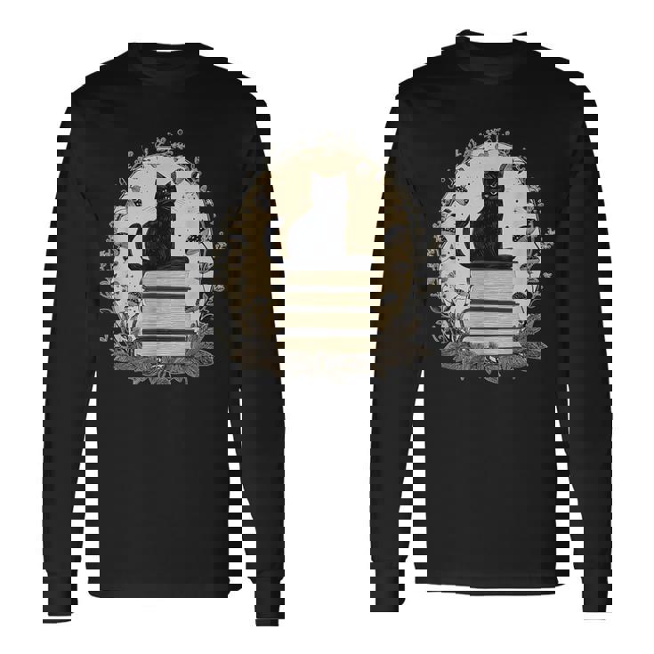 Cute Cat Sitting On Books With Mushrooms Cottage Core Long Sleeve T-Shirt