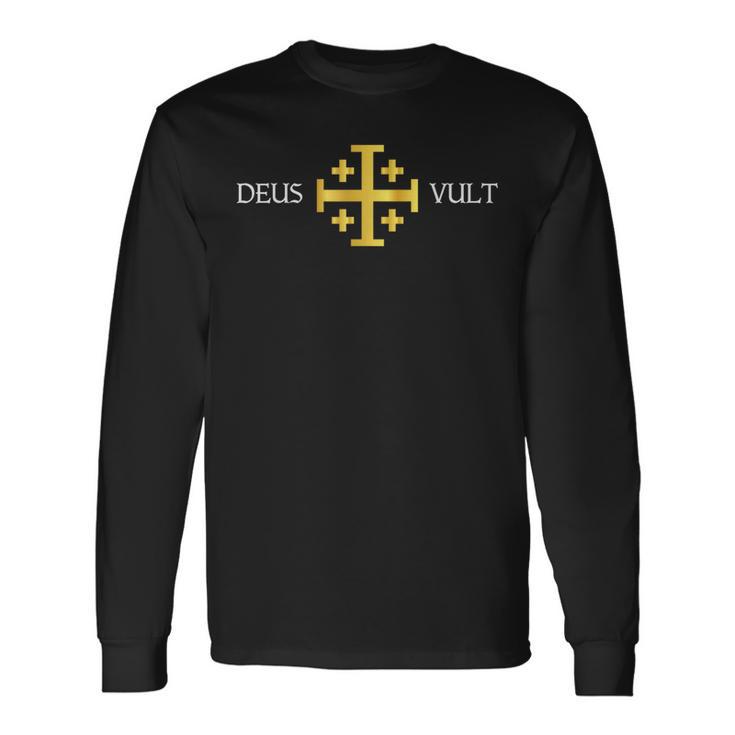 Deus Vult Knights Templar Jerusalem Cross Catholic Faith Long Sleeve T-Shirt