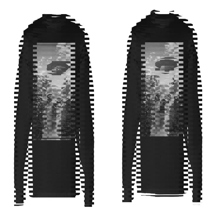 Chihuahuaelfie With Ufo Ufo と面白いチワワのセルフィー 長袖Tシャツ