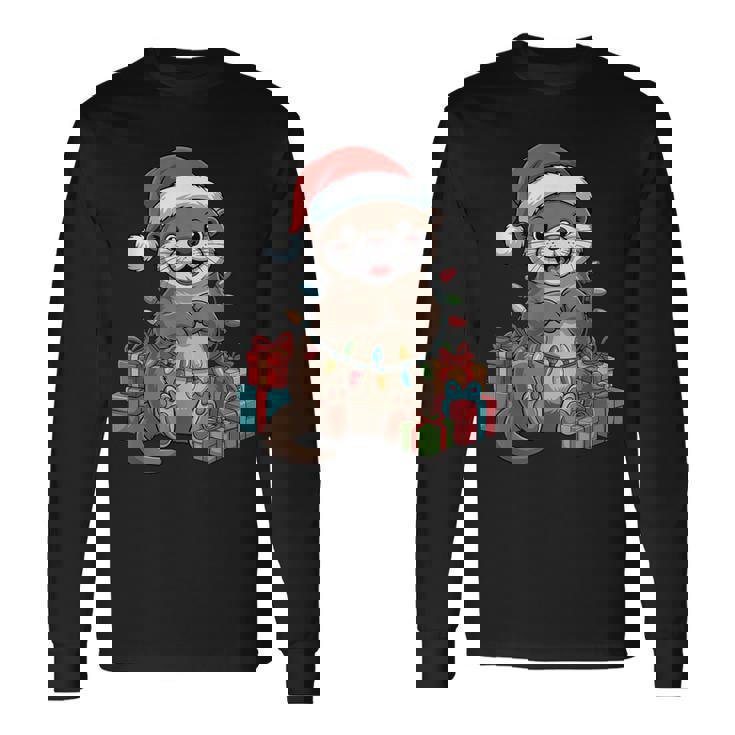 Otter Santa Hat Animals Lovers Ugly Christmas Pajamas Long Sleeve T-Shirt