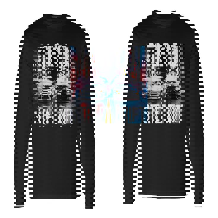 Jdm日本人ドリフトレースカー2台 東京ストリートドリフト夜 長袖Tシャツ