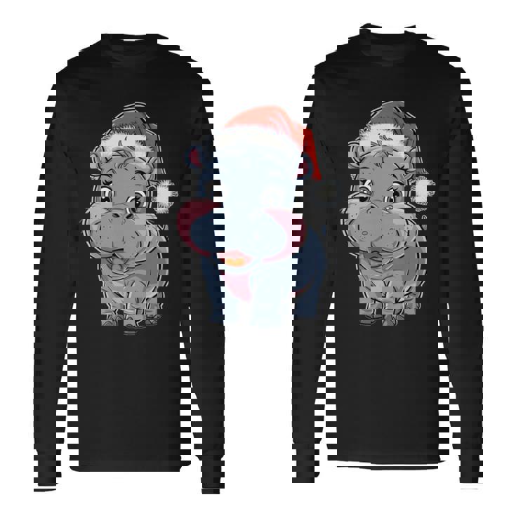 Joli Petit Hippopotame Chapeau De Père Noël Coloré Amusant Manche Longue T-shirt à manches longues