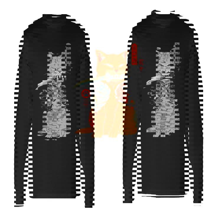 Katana Tatuada De Japón Asiáticoamurai Gato Geekintage Retro Camiseta de manga larga