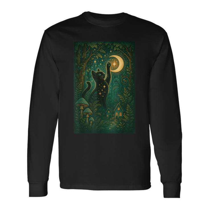 Magical Black Cat Moon Forest Fantasy Cottagecore Long Sleeve T-Shirt