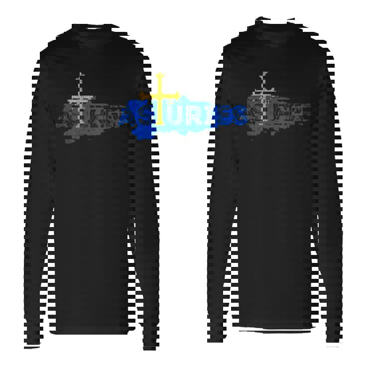 Mapa Y Bandera Asturiana Recuerdo Asturias España Manga Larga Camiseta de manga larga