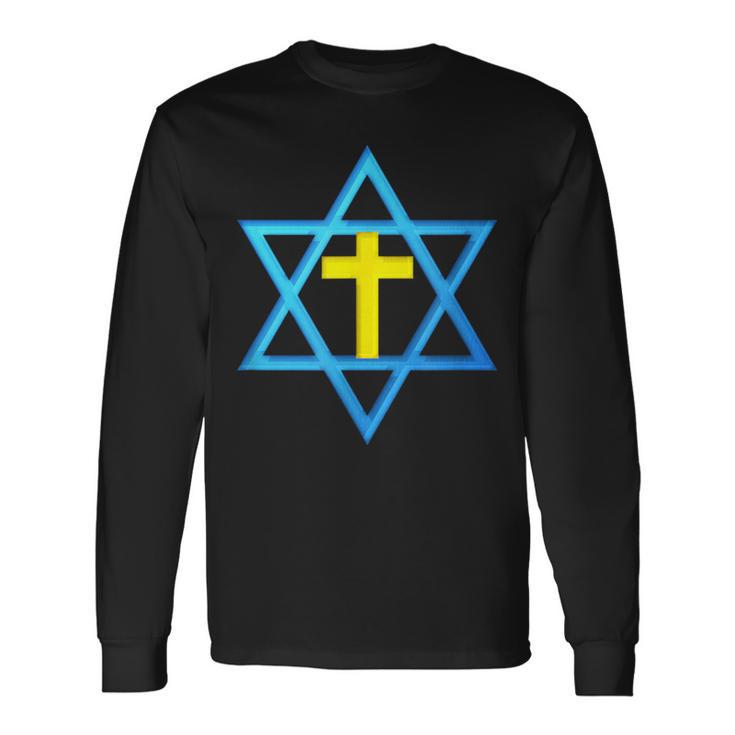 Messianique Étoile De David Avec Croix Dorée T-shirt à manches longues