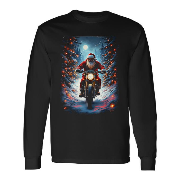 Père Noël Motard Équitation Moto Noël Lune T-shirt à manches longues