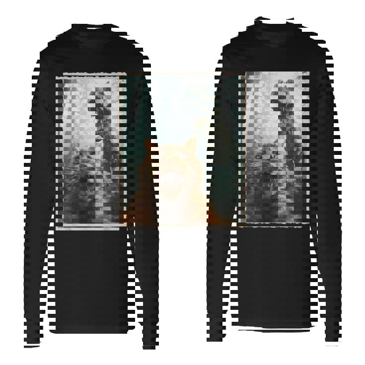 Selfie De Chat Avec Dinosaure Photo De Chat Effrayée Amusante T-shirt à manches longues