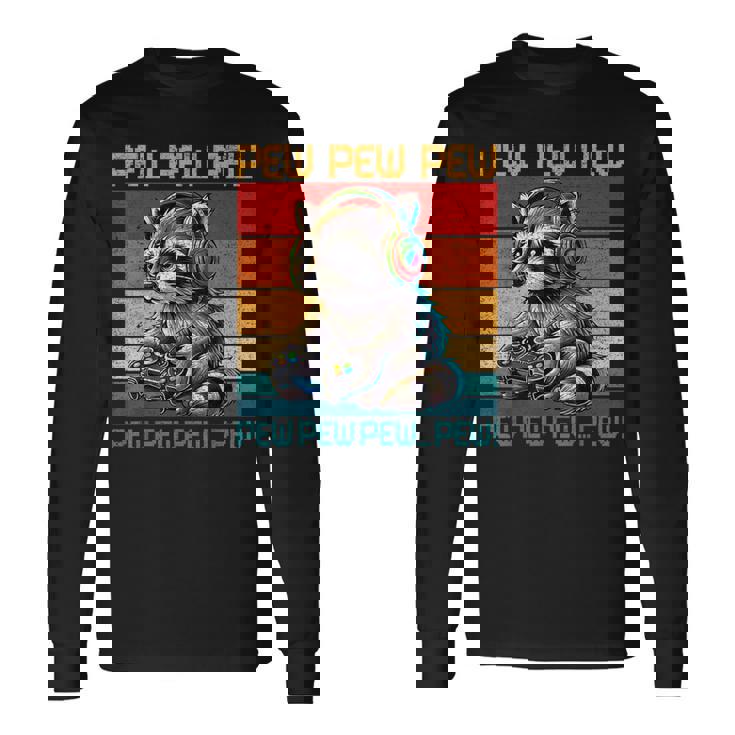 Vintage Pew Raccoon Gamer Video Games Raccoon Lovers Gaming Long Sleeve T-Shirt
