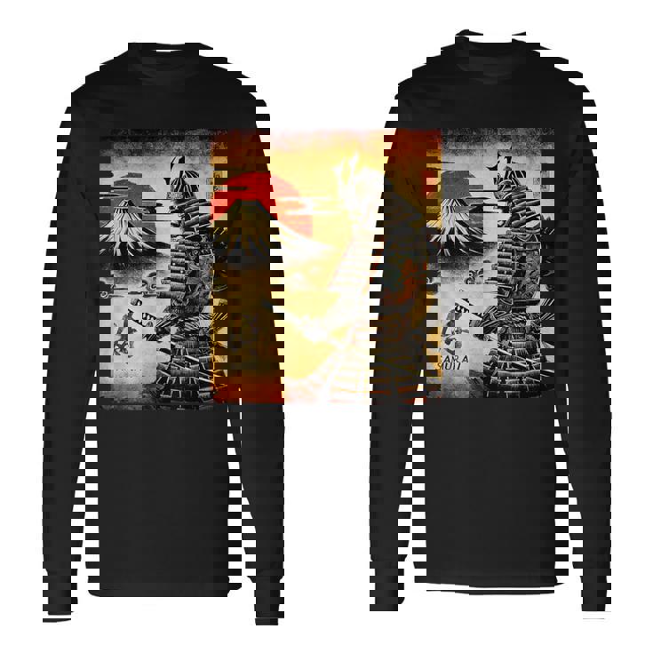 「夜明けの富士山と壮大な侍戦士」 長袖Tシャツ