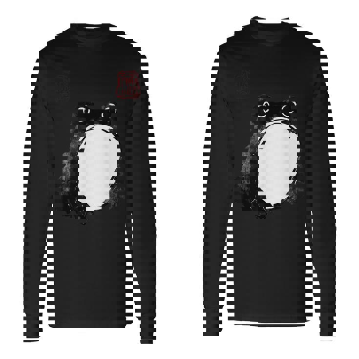 【かゑるまにあ】不機嫌な蛙 日本の侍カエル 浮世絵 かえる 日本禅美術 伝統芸術 松本奉時 ヴィンテージ タトゥーアート 長袖Tシャツ