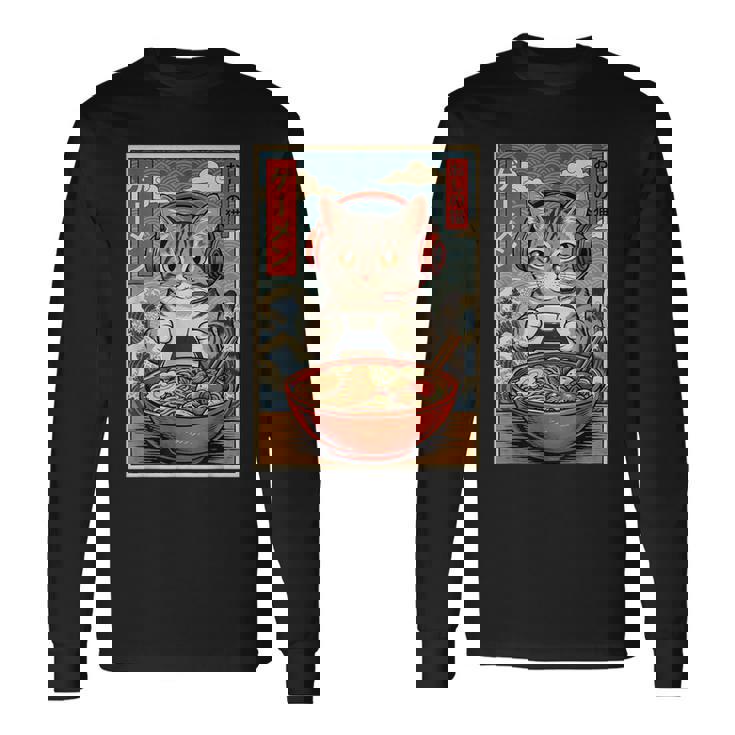 かわいい カワイイ ゲーマー猫 ラーメン ゲーム好き 猫好き向け 面白い デザイン レトロ 和風 日本 アニメ 長袖Tシャツ