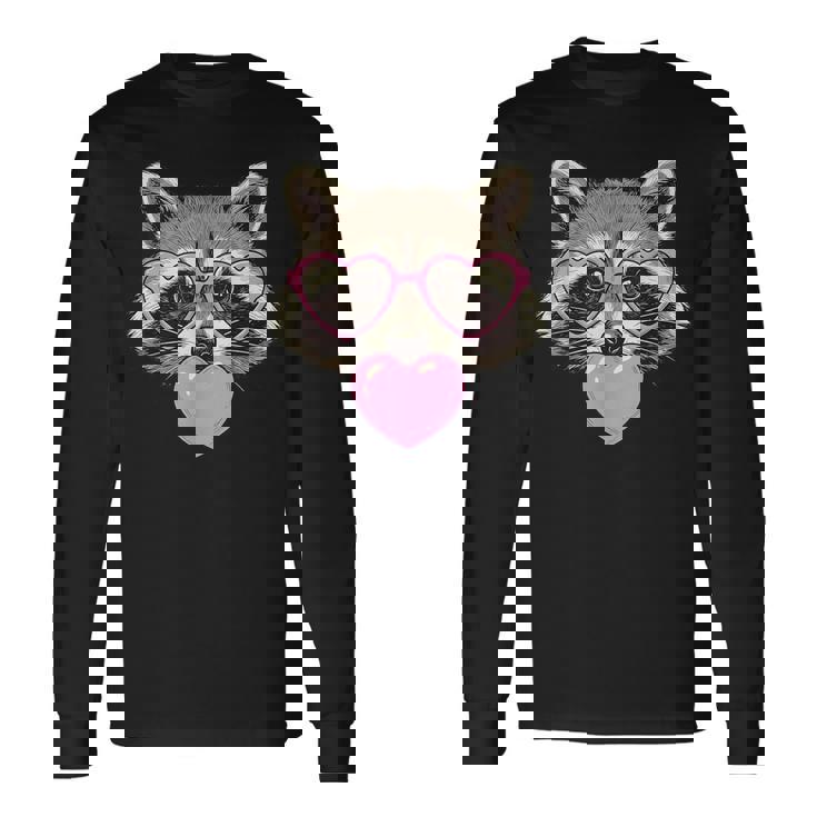 かわいいアライグマが吹くピンクのバレンタイン ハート バブルガム 長袖Tシャツ