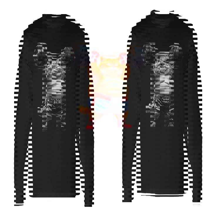 ギャグ ぽっちゃり猫 筋トレ ウエイトリフティング ジム 面白い グラフィック猫ミーム 長袖Tシャツ