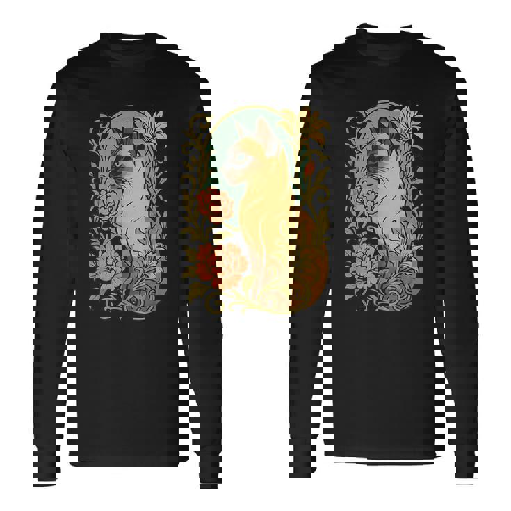 エレガントなガーデンフローラルに囲まれたヴィンテージシャム猫 長袖Tシャツ