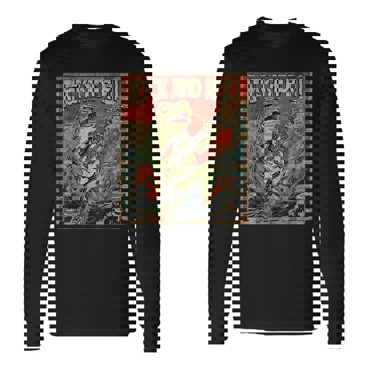 カエル 演奏 ベース ギター ロック オン ヴィンテージ ロック ギタリスト カエル 長袖Tシャツ