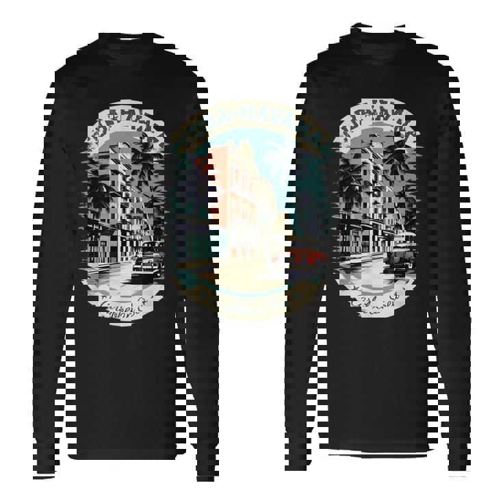 キューバ ハバナ レトロ 車 ヴィンテージ カリブ海のヤシの木 長袖Tシャツ
