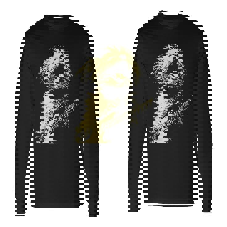 ギターロッカー ギタリスト 動物 パンク グランジ犬とマルチーズ 長袖Tシャツ