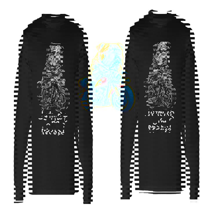 クリスマスのバイクに乗るかわいいイングリッシュブルドッグ。 長袖Tシャツ