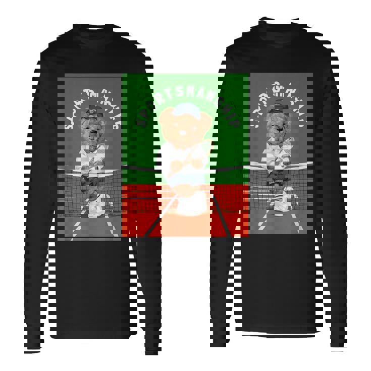 クールなテディベア テニス イラスト グラフィックデザイン 長袖Tシャツ