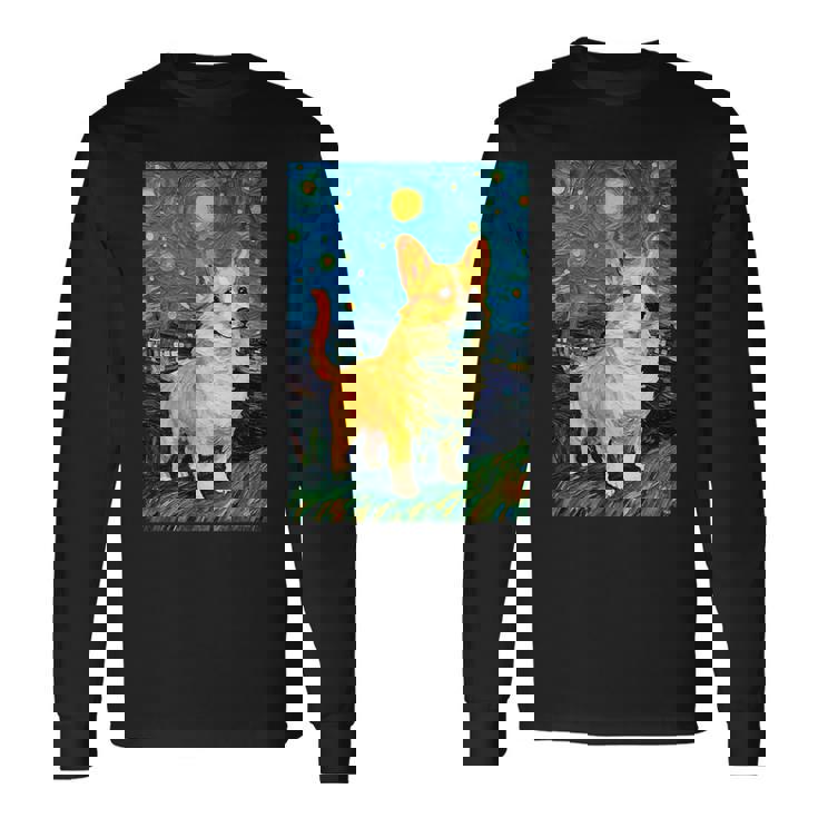 ゴッホ動物アート 動物愛好家のためのかわいいコーギー犬 長袖Tシャツ