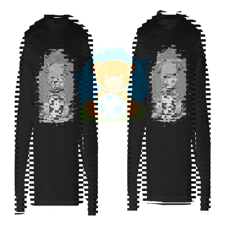 サッカーボール付きのかわいいテディベア 長袖Tシャツ