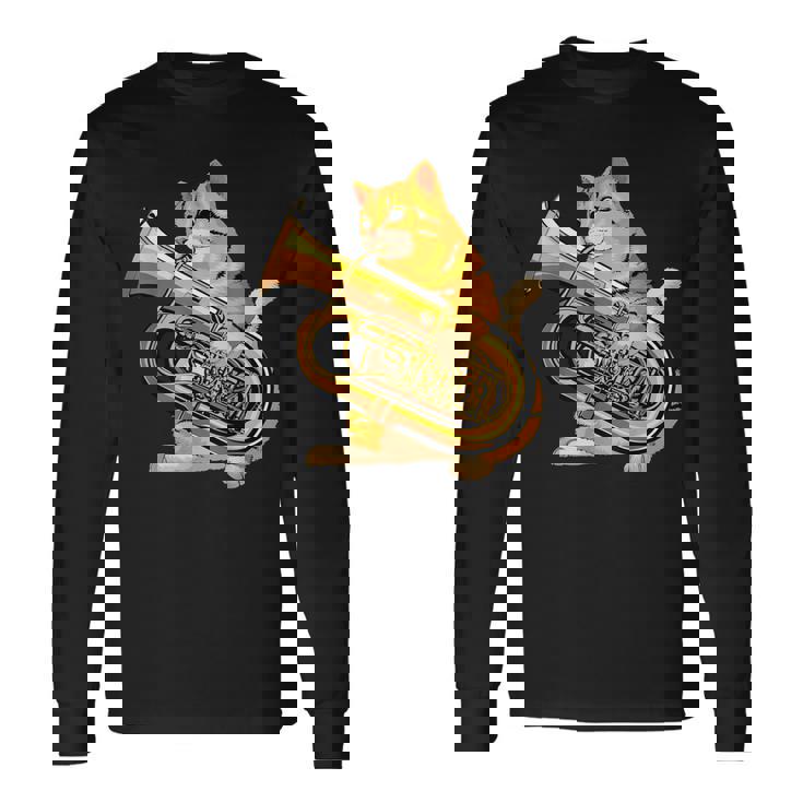 チューバを弾く面白い猫ギフト かわいい子猫ミュージシャンファン 長袖Tシャツ