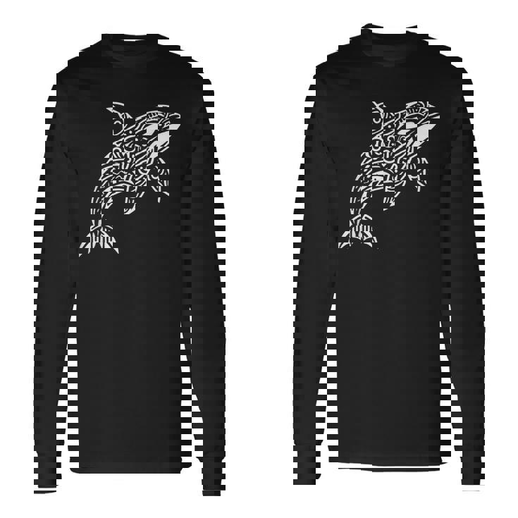 トライバル シャチ クジラ ハワイアン マオリ タトゥー オーシャン アート デザイン 長袖Tシャツ