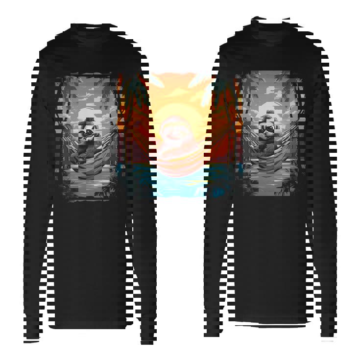 ナマケモノ ハンモック トロピカル サンセット リラクゼーション ヤシの木 平和 長袖tシャツ 長袖Tシャツ