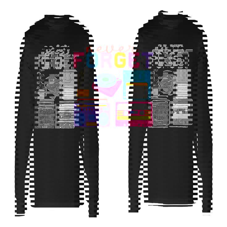 ネバーフォーゲット カセットテープ フロッピーディスク オールドスクール レトロ 長袖Tシャツ