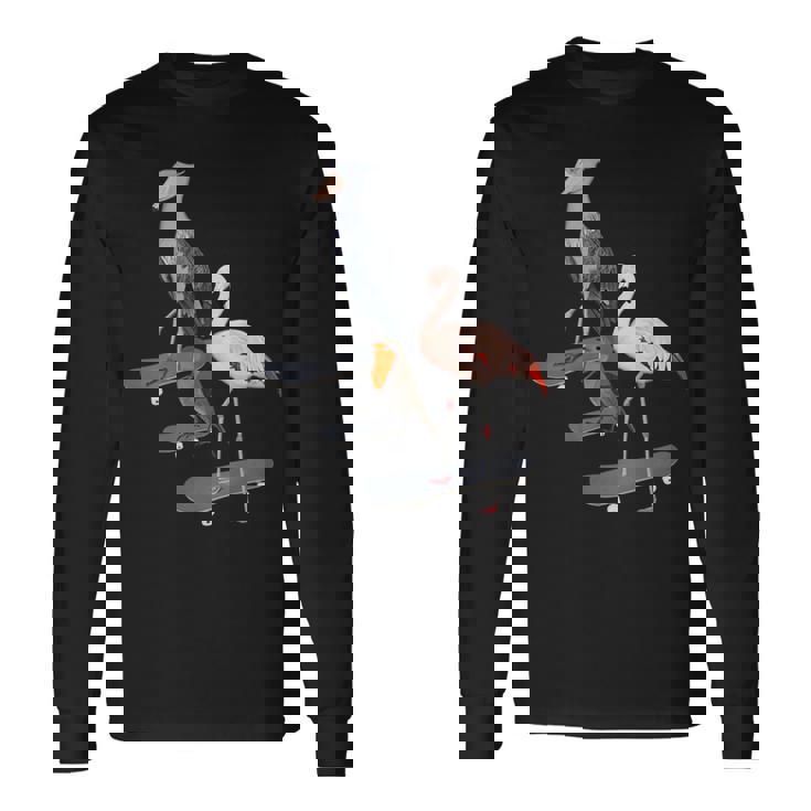 ハシビロコウ フラミンゴ スケートボード 鳥 動物 図 バードウォッチング 贈り物 鳥類学者 生物学者 自然科学 長袖Tシャツ