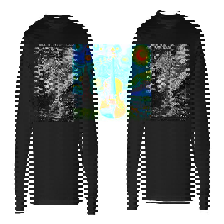 バイオリン 楽器 面白いtシャツ ゴッホ 星月夜 かわいい メンズ 子供 おもしろ 服 グッズ ネタ 音楽 長袖Tシャツ
