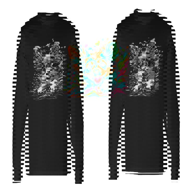 パピヨン犬の飼い主 パピヨン犬のアートワーク 長袖Tシャツ