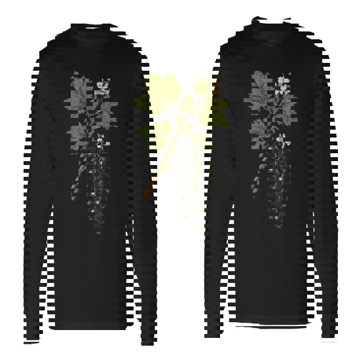 ビンテージボタニカルブラックカラント自然アートプリント 長袖Tシャツ