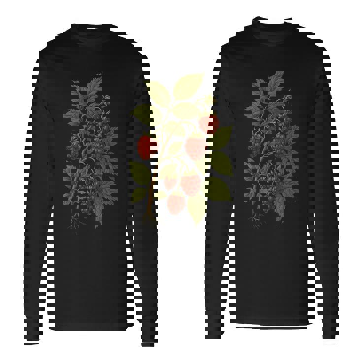 ビンテージボタニカルラズベリー自然アートプリント。 長袖Tシャツ
