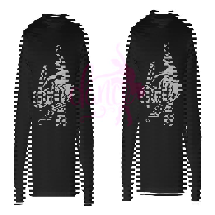 ピンクのバレエダンサー、スクリプトダンスレタリングデザイン。 長袖Tシャツ