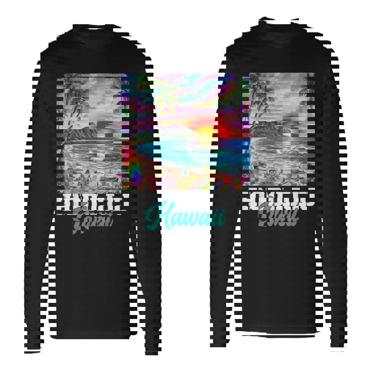 ホノルル ハワイ ハワイアン 波 ビーチ 夏 サーフィン レトロ 長袖Tシャツ