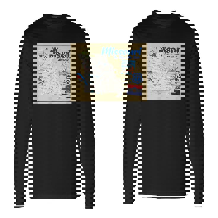 ミズーリ州、マップフラッグアーチブルーバードフラワーランドマーク 長袖Tシャツ
