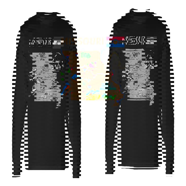 ミズーリ州のランドマーク、主要都市、道路、旗の地図 長袖Tシャツ