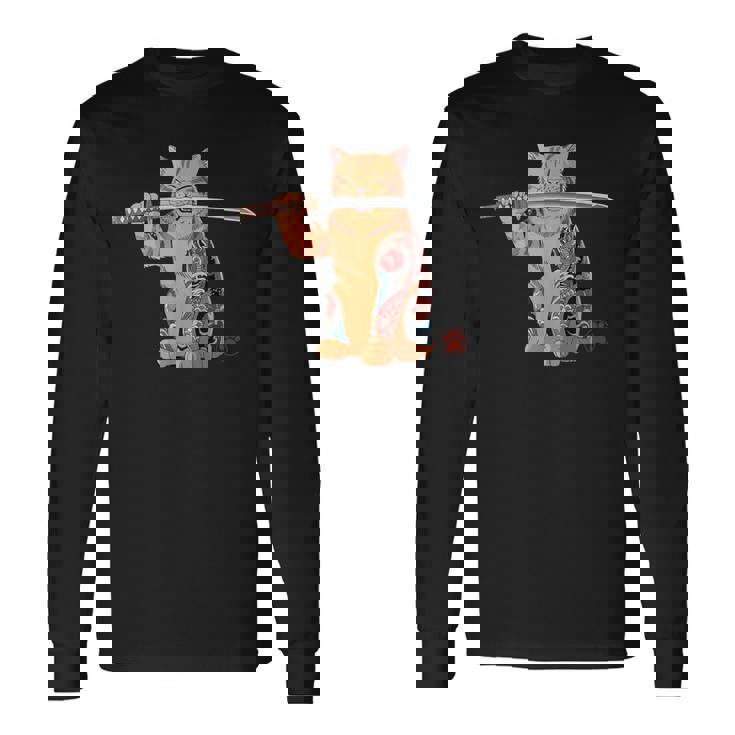 ヤクザ 猫 サムライ タトゥー 日本語 オレンジ 猫 グラフィック 長袖Tシャツ