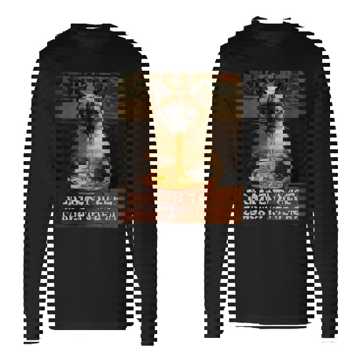 ラーメン猫 シャム猫 ラーメンを食べるラーメン泥棒 グランジ 長袖Tシャツ