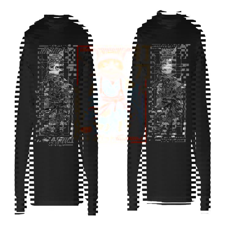 レトロな侍猫 戦士の猫 長袖tシャツ 長袖Tシャツ