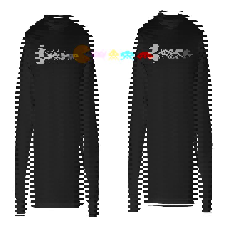 レトロヴィンテージ80年代アーケードゲームインベーダーマッシュアップ 長袖Tシャツ