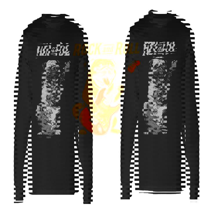 ロックするパグ犬 ギター演奏の面白デザイン 長袖Tシャツ